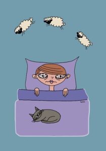 A cartoon picture of a girl in a bed with glazed eyees looking like she has not slept. There is a cat in contrast sleeping on the bed. Above the bed there are three sheep. The picture represents insomnia.