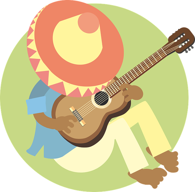 A cartoon picture of a man asleep with a big sombrero  holding a guitar.  It represents the good sleeper 