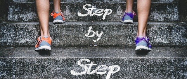 A grey picture of three granite steps with two sets of feet climbing the picture.  The feet are wearing colourful trainers. On the the steps are the words "Step by Step".  The purpose of the words is to encourage  people to learn from their actions and to take small steps to keep them motivated. 