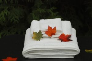 This picture is related to beauty therapy and comprises of two white fluffy blankets neatly folded on top of each other. On the blankets are three autumnal maple leaves invoking the calmness of autumn.