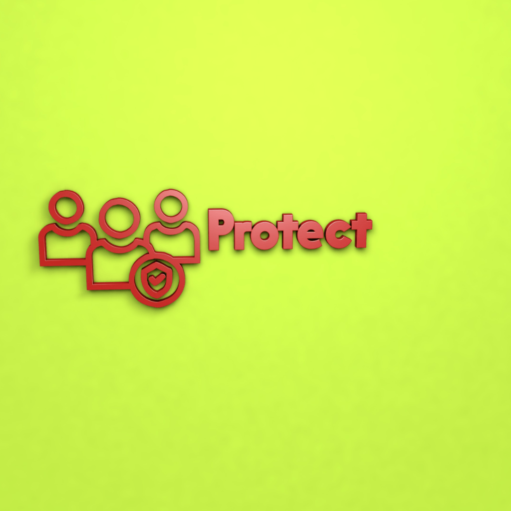 This is a picture with a bright lime coloured background.  In the middle of the picture is a small group of three images representing a group of three people holding a a red shield with a tick in it. These imagines are just red stylised outlined people. The word in red says protect.  The imagine is meant symbolise protection of people and is part of this mental health and mental health First Aider blog