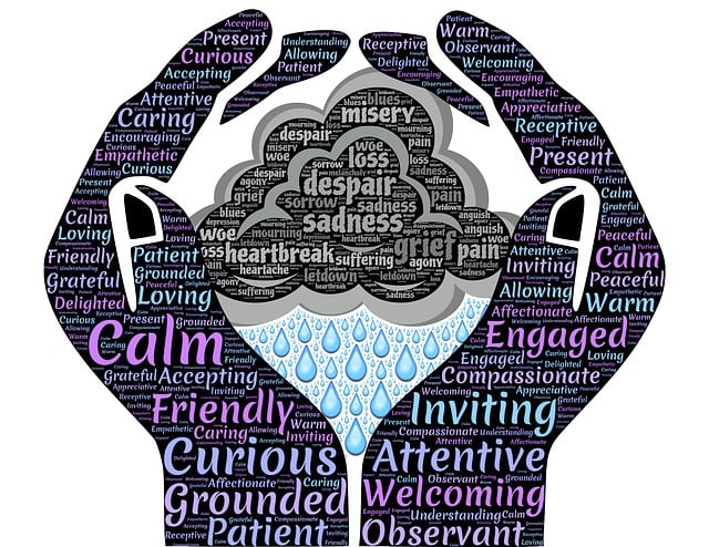 This a stylised picture of two hands in a cupped formation. The hands are black in colour. On the hands are written positive words like calm, friendly, inviting etc. The hands are cupping a small black cloud which has negative words written in them like, loss, despair, misery.  From the cloud are coming blue drops that represent tears.  The picture represents the role of a mental health first Aider.