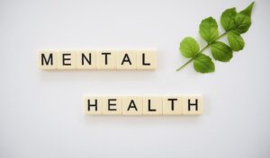 This is a picture on a plain white background. The words Mental Health are spelled out using scrabble tiles. Next to the tiles is as a green sprig of clover to add colour .