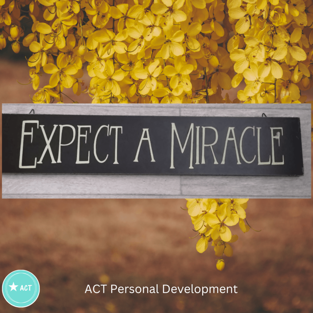 A picture of bright yellow flowers cascading down from the to of the picture. The background of the pictures is light brown earthy effect. In the middle of the picture is a sign that says "Expect a Miracle" . The purpose of this sign is to encourage optimism.