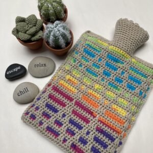 A picture of a crocheted hot water-bottle cover with three pebbles beside it saying " relax", "Chill", "Escape" . In addition there are three pots containing cacti also crocheted in in three D. The cacti are vall different but one contains white prickly spikes. The blog is about work life balance.