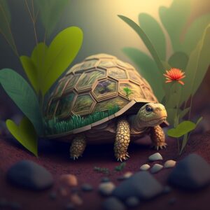 A picture of a tortoise on a green jungle background with a red tropical flower. The aim of the picture is to encourage people to slow down , relax.