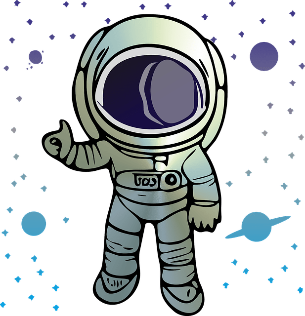 This is a cartoon image of an astronaut . It comprises of a space suit with a large helmet and dark blue visor. The astronaut is on a white background with speckles of stars surround the astronaut. The purpose of the picture is to demonstrate that we as children often adopted a different perspective. 