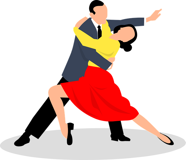 This is a stylised cartoon picture of a couple doing a tango like move. The picture has a white background. The man has a grey jacket and black trousers and a shirt with a nlack tie and black shooes. His partner is wearing a red skirt and yellow top. Both have black hair. The purpose of this picture is to explain that children take on a different perspective when they dance or play act.