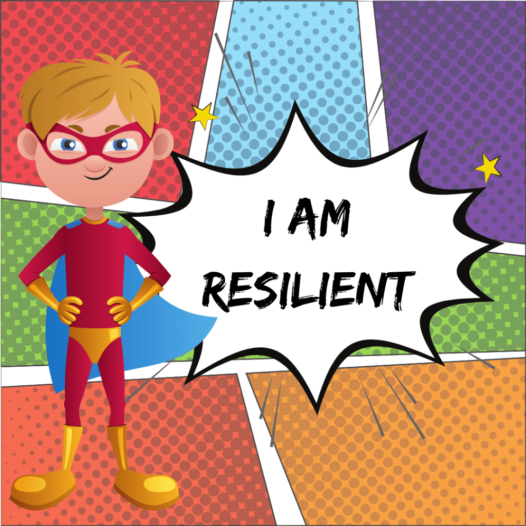 This is a cartoon picture of a superhero. In this case it is represented by a boy but it could be any pronoun. The figure is wearing a red all in one body suit with golden over pants and golden boots. The superhero is fair skinned and is wearing red glasses and has blond hair. The background of the picture is a kaleidoscope of colours red, light blue, purple, green, orange. There is a jagged voice bubble with the words resilient. The purpose of this picture is to encourage the clients to read a leaflet on resilience and healthier minds.