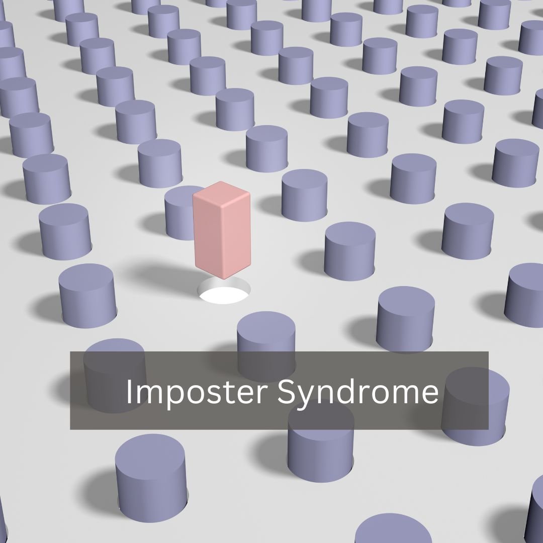 This is a picture of rows of lilac cylinders, amongst the row of cylinders is a pink cube that is trying to fit into a round hole. The purpose of the picture is to reflect the blogs title of an imposter syndrome.