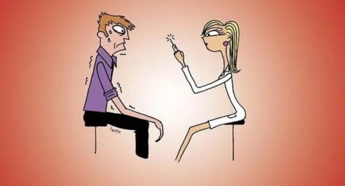 This is a cartoon picture showing two people sat on chairs opposite each other. The man on the left is looking nervous. In front of him is seated a nurse holding a needle. The purpose of this picture is to communicate phobia and that Hypnotherapy Swindon can help alleviate phobias.