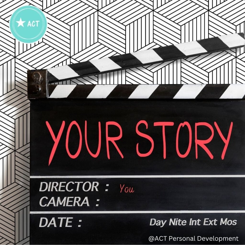 This is a picture of a movie clipper board. The main body of the board is black withthe words "Your Story" in handwriting font in read. Underneath those words are the words in white: Director - You" "Camera and Date" the Clipper board is in the ready to snap position with the arm being a stripped black and white. The clipper board is sitting on a black and white fine lined parquet design background. The purpose of the image is to illustrate your own story theme of this blog.