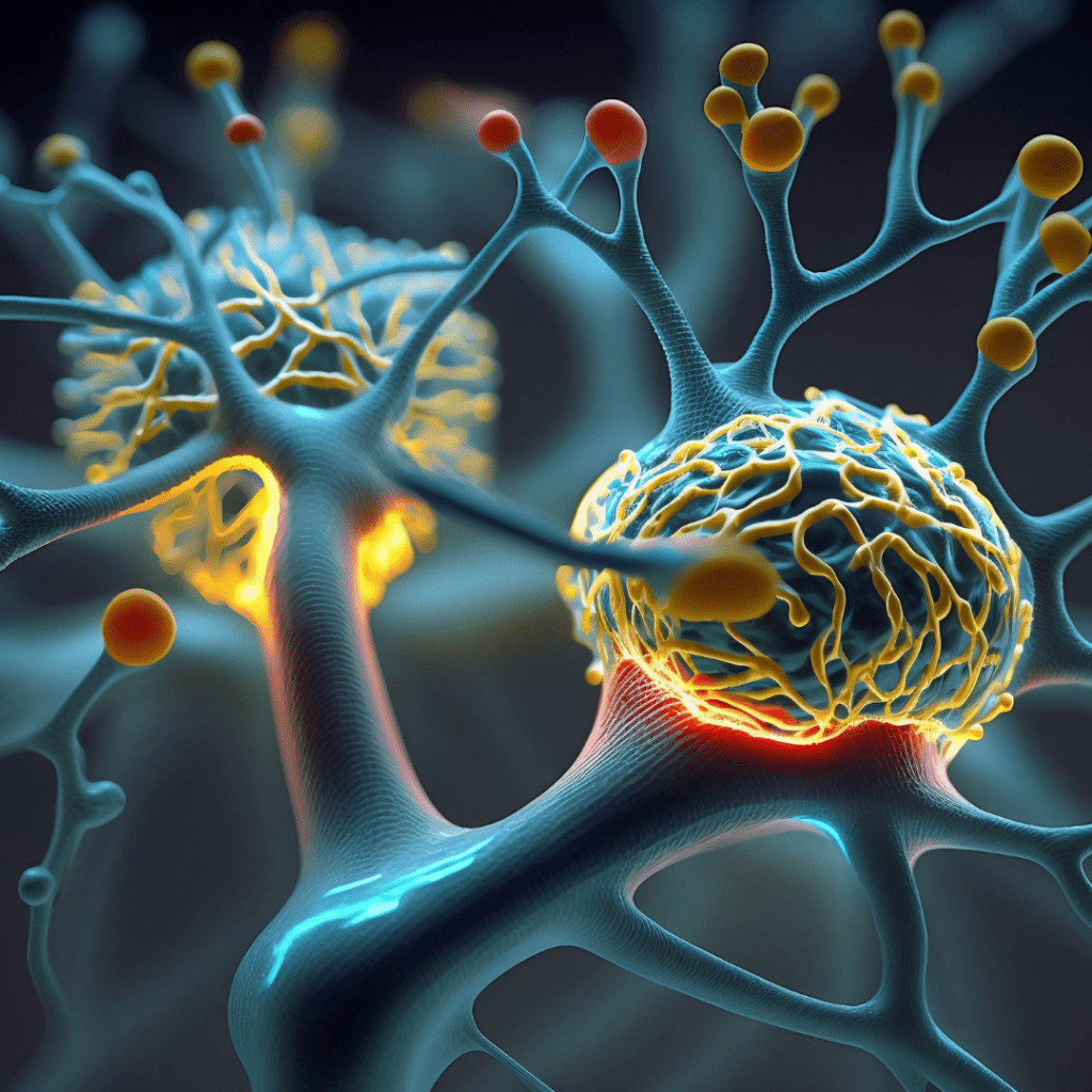 This is a very vivid stylises picture of a neuro network. It contains reds, blues, greens, yellows. It looks like interconnect coral. The purpose of the picture si to support the fact that when we tell our stories we are actually building neurological networks.