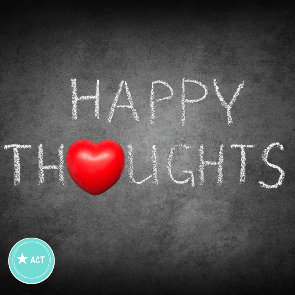 A picture with a graduated grey background simulating a blackboard. In white chalk like writing are the words "HAPPY THOUGHT". The "O" in the thoughts is replaced by a red shiny heart. The purpose of the picture is introduce the idea that thoughts are powerful. If we change how we think we can change how we live.