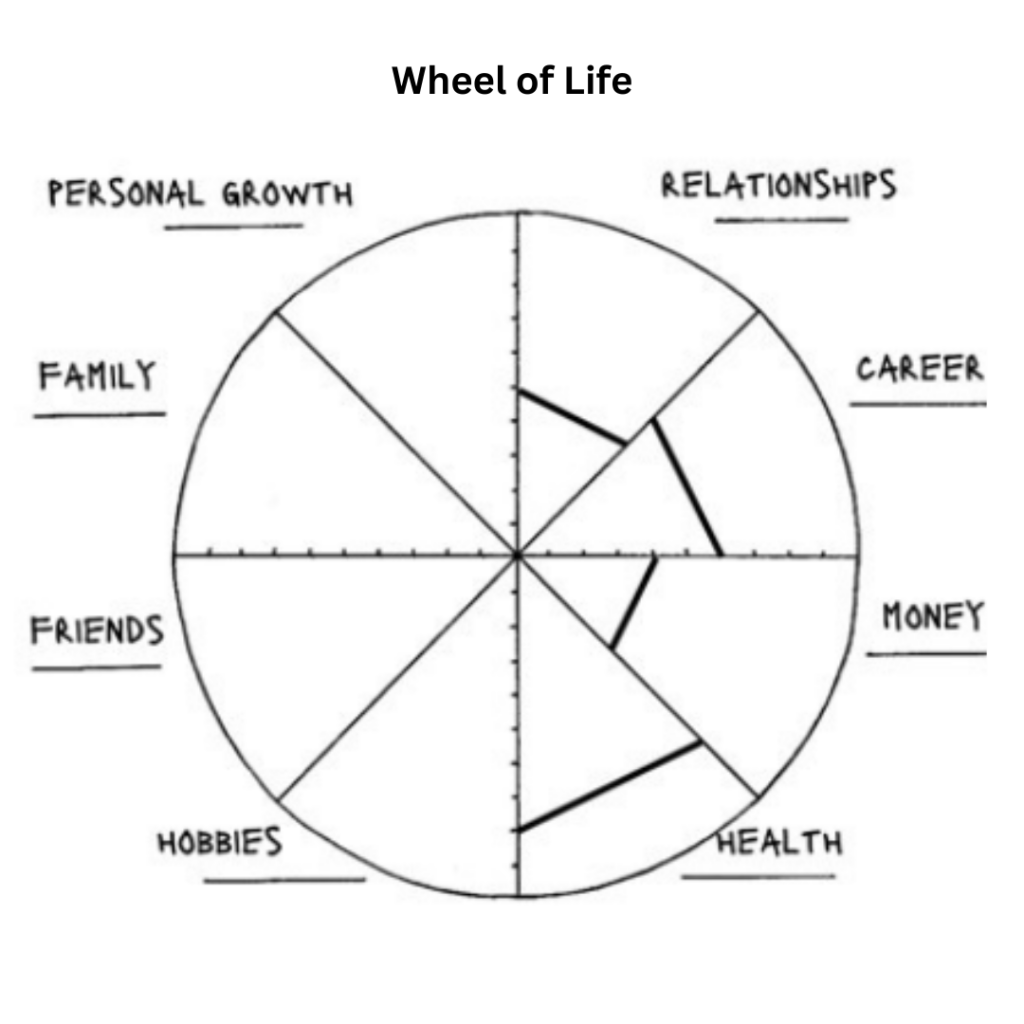 This is a black and white picture of the wheel of life. This comprises of a circle divide into 8 segments. Each segment is labelled with one of these categories - Relationships, career, health, money ,personal growth, hobbies, friends, family, Each line on of the segment leading to the centre is separated into 10 notches. The aim is for the client to give a score on these notches as to how they score that particular segment out of then. Its a way of auditing their life with the wheel of life.