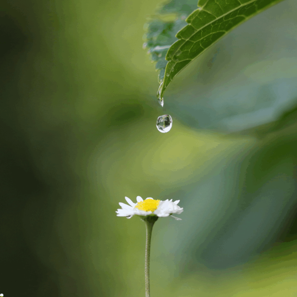 A picture of a single daisy above which is a leaf with a single drop of water falling from the leaf onto the daisy. The picture represents a moment captured in time. A moment of mindfulness.